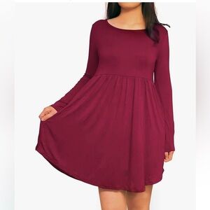 Fit & Flare Stretch Long Sleeve Dress Pockets Wine Red XS
